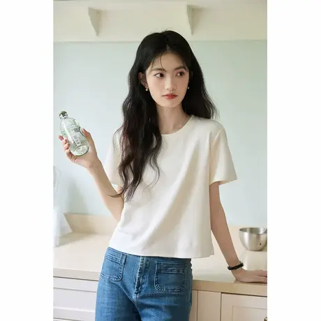 弥古白色圆领短袖t恤女2025秋季女装新款内搭上衣宽松法式打底衫图片