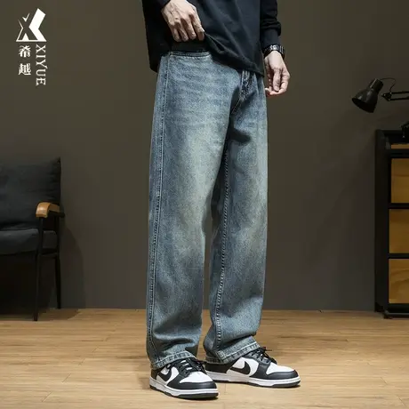 希越美式直筒牛仔裤男2023秋季宽松大码复古水洗休闲加绒裤子男潮商品大图
