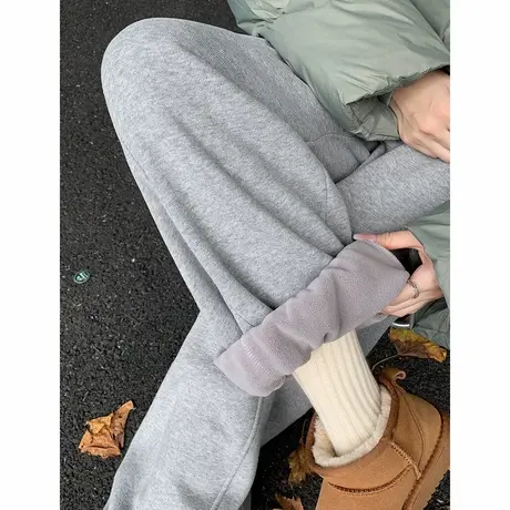soinku暮冬加绒慵懒直筒休闲裤高腰保暖显瘦阔腿裤子女秋冬弯刀裤商品大图