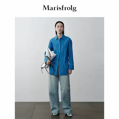 【精工衬衫】玛丝菲尔冬晴空蓝时尚翻领设计感长袖衬衫图片