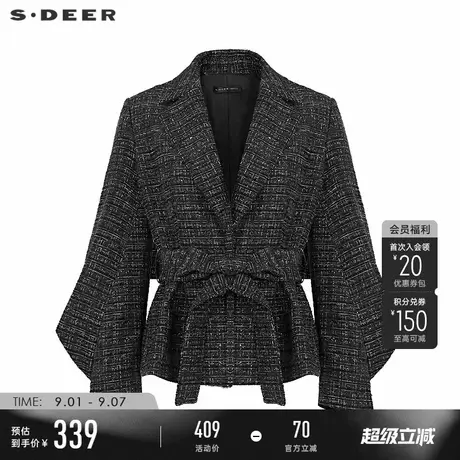 sdeer圣迪奥女装西装领收腰格纹泡泡袖外套S233Z2216商品大图