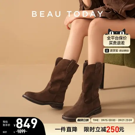 BeauToday厚底骑士靴女2025新款秋冬加绒保暖高筒靴西部靴时装靴商品大图