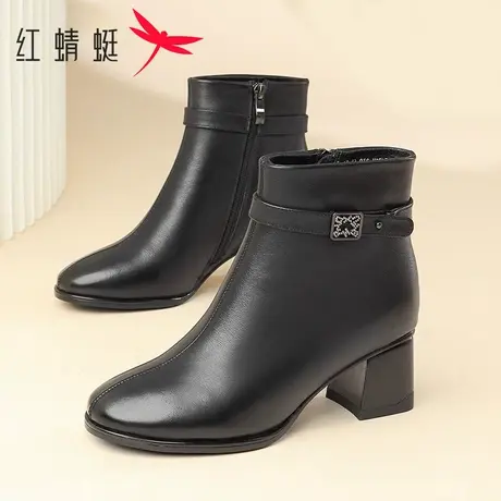 红蜻蜓女靴冬季真皮高跟时装靴加绒保暖短靴女士粗跟百搭短筒棉靴商品大图