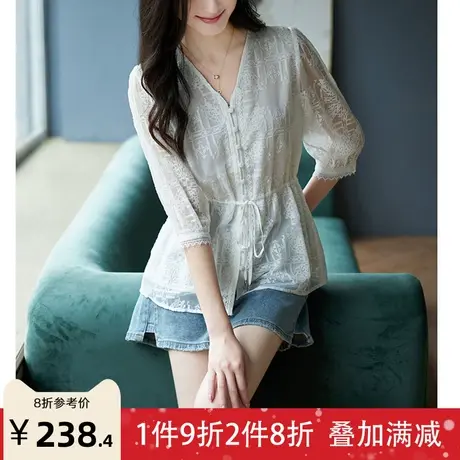宝诗黎V领刺绣七分袖系带衬衫宽松上衣2023夏季新款女士简约衬衣图片