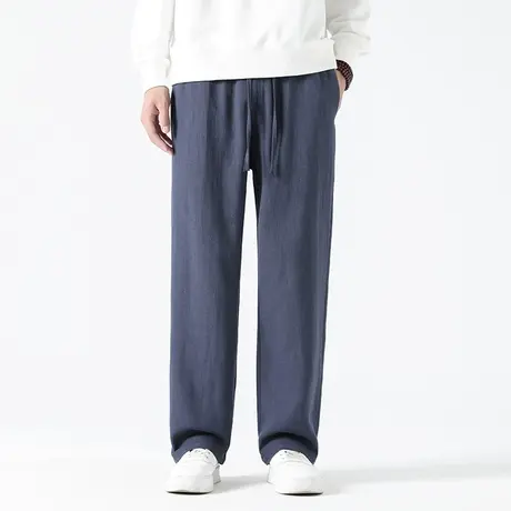 秋冬季男休闲裤棉麻面料加肥加大码直筒长裤宽松胖麻料中国风裤子图片