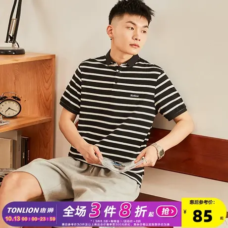 唐狮2023夏季新款条纹polo衫男士短袖有翻领t恤纯棉黑色港风ins潮商品大图