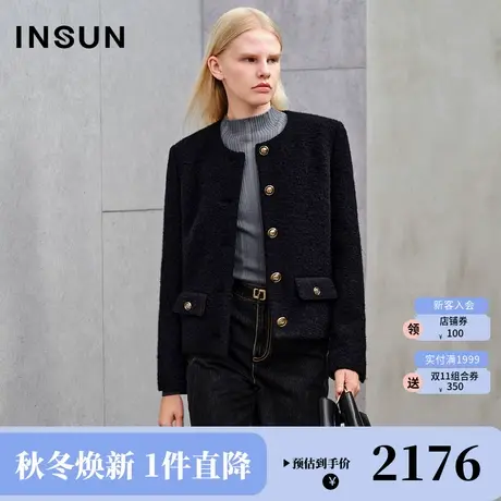 恩裳2023冬款新款优雅干练颗粒感羊毛针织复古圆领短款小香风外套商品大图