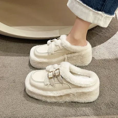 包头毛毛半拖鞋女外穿坡跟高跟毛毛鞋秋冬季加绒女鞋子厚底毛绒拖商品大图