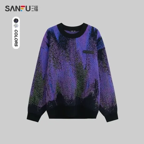 三福2023冬男士不规则彩纱大廓形毛衣 时尚宽松圆领上衣478065图片