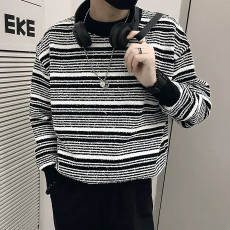 秋冬新款套头毛衣男小众条纹小众设计感ins慵懒风针织打底衫线衣商品大图