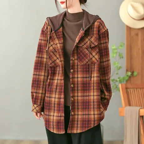 dza 复古拼接连帽毛呢格子外套女冬加厚中长款宽松妮大衣口袋上衣商品大图