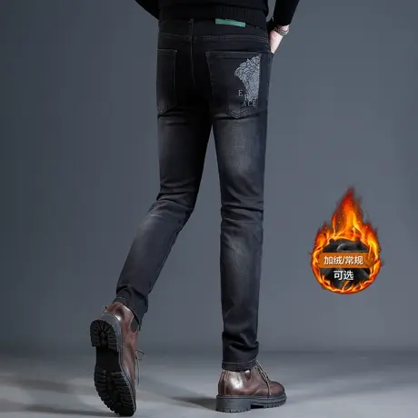 香港黑色加绒牛仔裤男冬季修身小脚2023新款弹力加厚保暖男士长裤商品大图