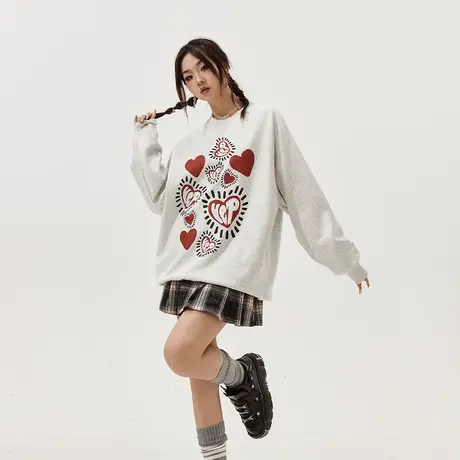 YEP爱心潮牌印花圆领加绒卫衣女秋冬2023年新款复古宽松无帽上衣图片