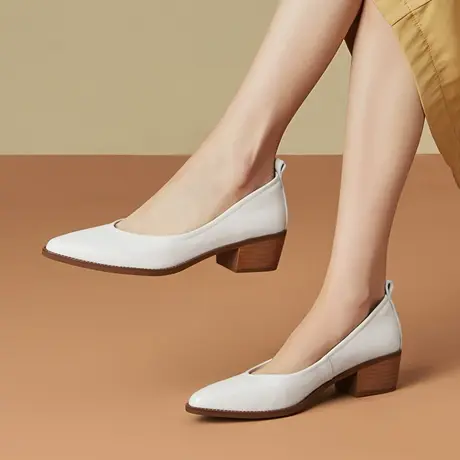 简约复古木纹跟单鞋女粗跟中年款尖头中跟女鞋软牛皮舒适百搭防滑商品大图