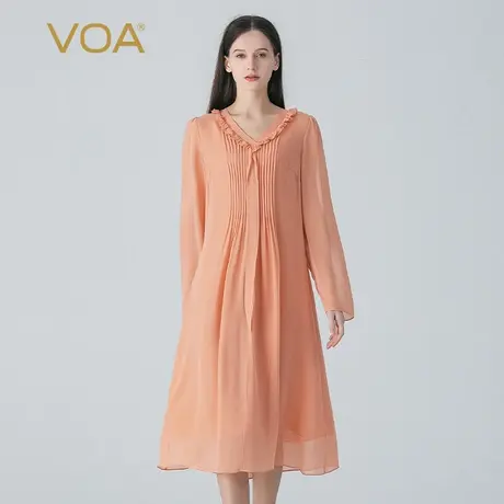VOA乔其桑蚕丝裸粉V领长袖荷叶边褶皱飘带装饰宽松淑女真丝连衣裙图片