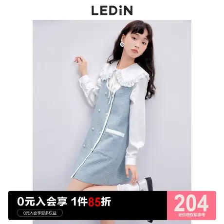 乐町新款撞色小香风背心裙休闲秋季新款女装奶芙蓝通勤简约连衣裙图片