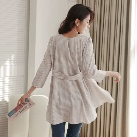 桔熊秋季休闲条纹七分袖宽松遮肉后收腰中长款上衣女大码AB18958商品大图