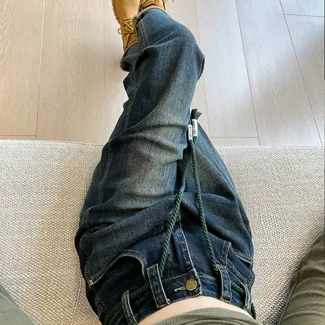 复古抽绳哈伦牛仔裤女2024春秋新款宽松直筒显瘦休闲萝卜老爹裤潮商品大图