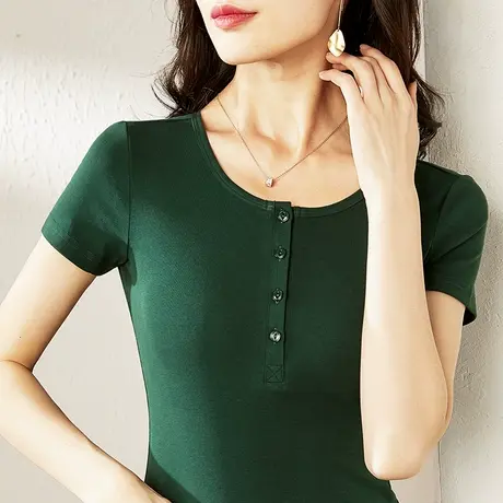 雀后圆领短袖t恤女2023夏季新款针织打底衫内搭半袖体恤修身上衣商品大图