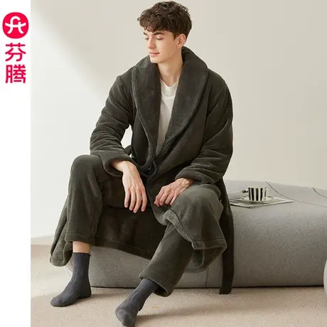 芬腾男士睡袍秋冬季珊瑚绒加厚加绒睡衣法兰绒保暖男款家居服浴袍图片