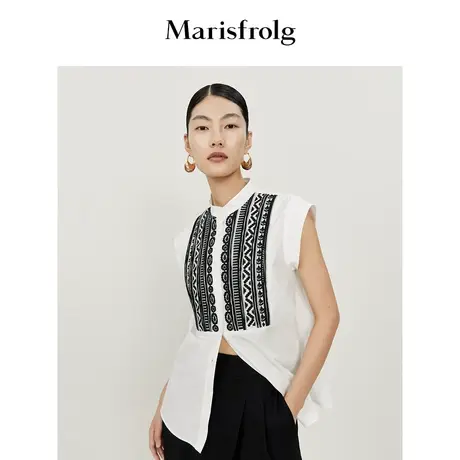 玛丝菲尔夏季新款白色设计感手工刺绣气质蕾丝无袖小飞袖衬衫女商品大图