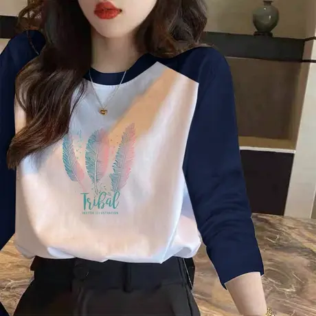 插肩袖纯棉长袖t恤女装宽松韩版春装2023年新款圆领时尚大码上衣商品大图