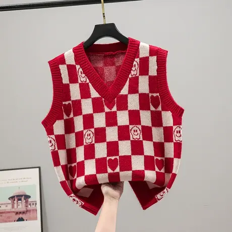 马甲背心女2023春装新款韩版宽松无袖格子针织衫套头毛衣女士上衣商品大图