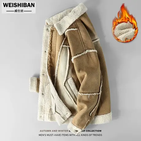 美式复古羊羔毛棉衣男冬季潮流情侣短款宽松加绒加厚保暖牛仔外套商品大图