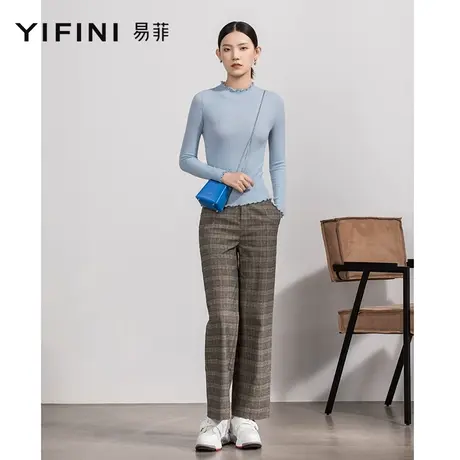 Yifini/易菲春秋新款直筒长裤通勤格灰色纹裤宽松遮肉休闲裤商品大图