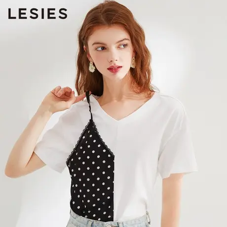 蓝色倾情夏装新款女装 黑白波点不对称拼接设计针织短袖T恤女图片