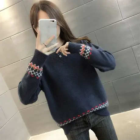 2023年秋冬新款圆领毛衣女套头宽松外穿撞色针织衫女内搭打底衫女商品大图