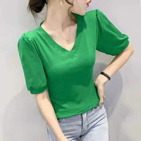 女装2023新款潮时尚V领T恤女短袖夏季洋气泡泡袖上衣显瘦半袖体恤商品大图