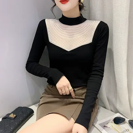 网纱拼接T恤女长袖时尚名媛气质上衣内搭半高领加绒打底衫秋冬潮商品大图