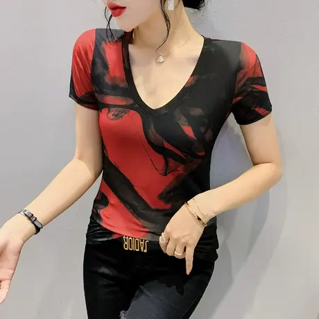 扎染印花网纱T恤女短袖2024夏季新款性感V领小衫欧货洋气修身上衣商品大图