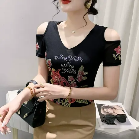 欧货性感露肩T恤女短袖2024夏季新款洋气百搭小衫烫钻网纱上衣潮商品大图