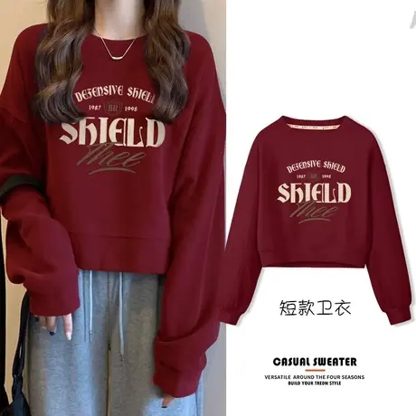 美式复古无帽卫衣女设计感短款高腰辣妹上衣2024年新款小个子外套图片