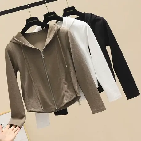连帽拉链开衫鱼骨纹长袖T恤女秋装新款设计感小众显瘦炸街上衣潮商品大图