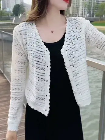 春夏针织开衫薄款女外套2023新款短款v领镂空针织衫罩衫外搭上衣商品大图