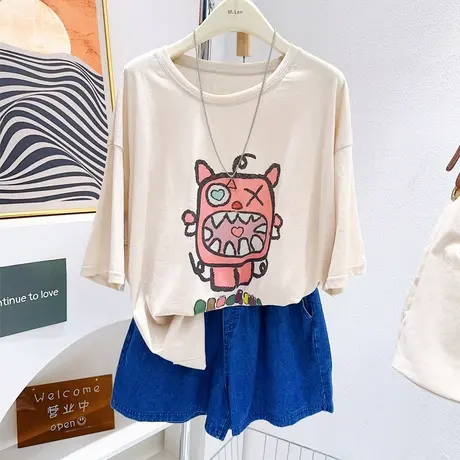 韩代款~夏季雪花棉半袖上衣微胖显瘦穿搭小怪兽T恤原宿风港味轻薄图片