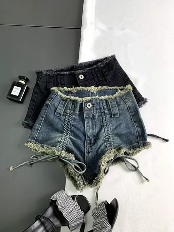美式辣妹高腰抽绳褶皱牛仔短裤女夏季新款显瘦个性毛边A字阔腿裤商品大图
