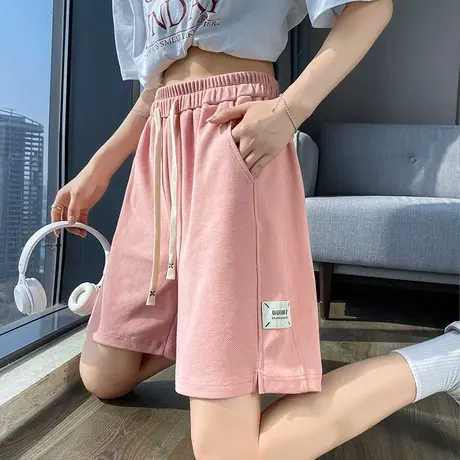 粉色五分裤女夏季薄款2025年新款高腰显瘦宽松阔腿运动休闲中裤子商品大图