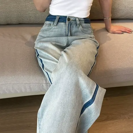 浅色阔腿牛仔裤女2023年春夏新款高腰窄版宽松显瘦ins撞色直筒裤商品大图