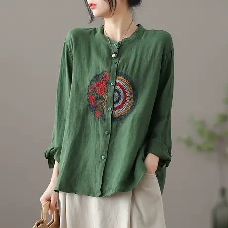 dza 文艺复古亚麻上衣女士衬衫春季新款漂亮气质衬衣百搭宽松开衫图片