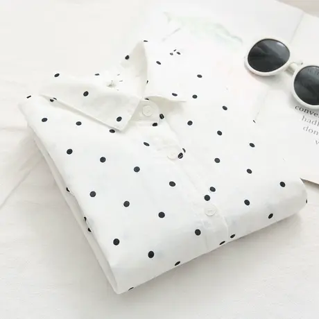 春秋日系文艺小清新圆点点双层纱纯棉长袖衬衫女学生宽松百搭上衣商品大图