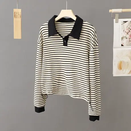 条纹上衣女小个子短款衬衫春秋2023年新款长袖宽松套头翻领小衫潮商品大图