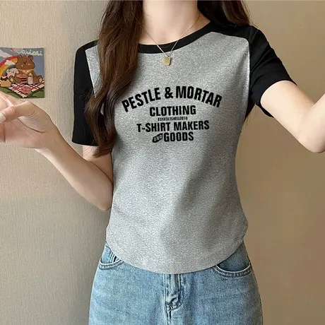 2023新款不规则t恤女正肩短袖修身插肩袖小个子拼接短款上衣夏季图片