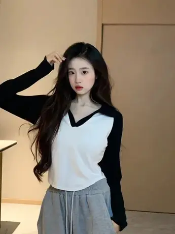 甜辣妹polo领撞色插肩长袖t恤女春秋季修身内搭v领打底衫短款上衣商品大图