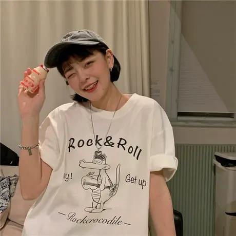 红续2023年春季新款小个子正肩显瘦纯棉印花上衣ins潮短袖百搭T恤商品大图