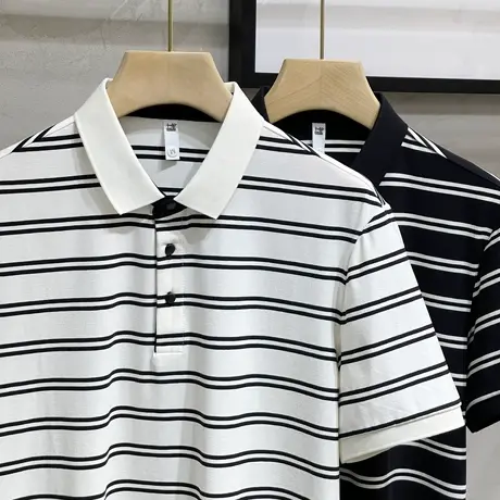 抗皱冰丝棉黑白条纹翻领Polo衫男2023夏季休闲有领衣服短袖t恤男商品大图