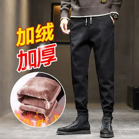 男裤秋冬季2023新款加绒毛呢裤子加厚男士运动休闲长裤卫裤束脚裤商品大图